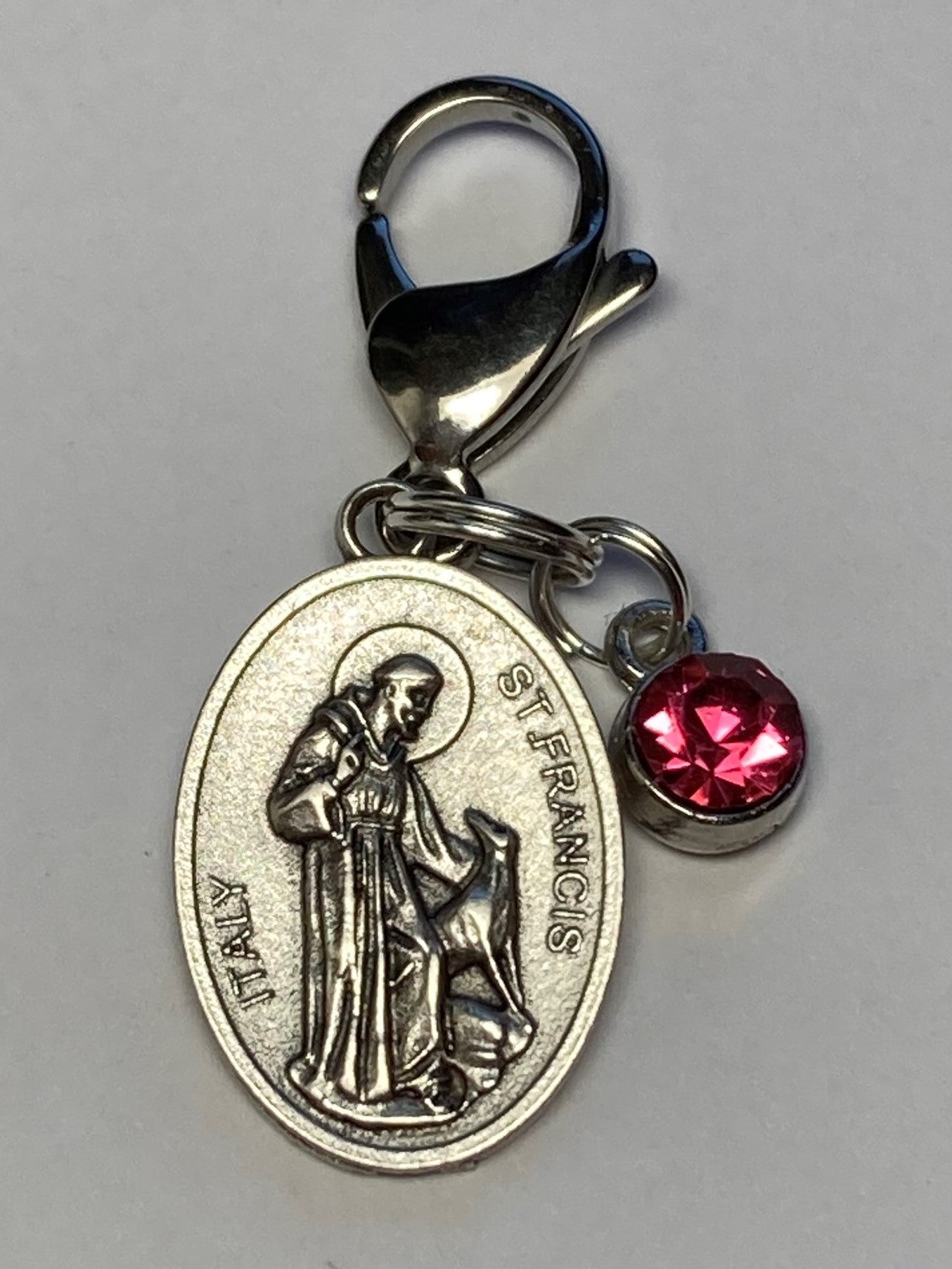 St. Francis pet medal with pink crystal charm / Exclusive to 100% Angel