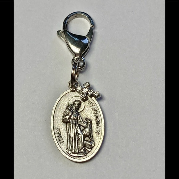 St. Francis pet medal with tiny rhinestone cross charm / Exclusive to 100% Angel